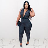 Nightclub Rhinestone Deep V Plunge Plunge neck Jumpsuit